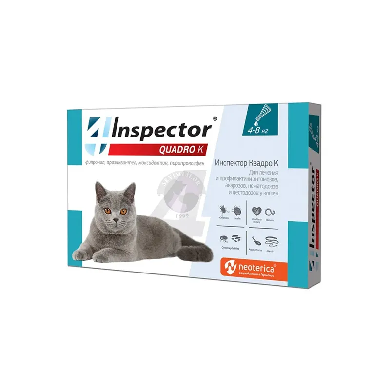 Inspector Quadro K; pişiklər üçün boyun nahiyəsinə damcı 4-8 kq, 1 ədəd